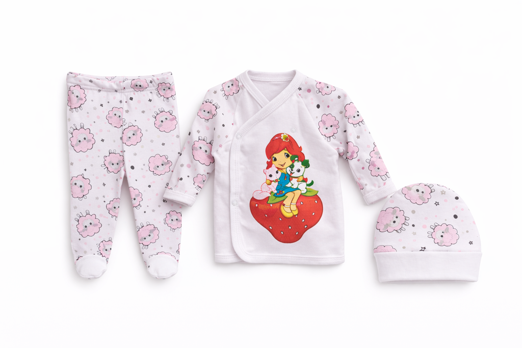 Set 3 Piese Nou Nascuti Capsunica - Bluzita, Pantaloni, Caciulita
