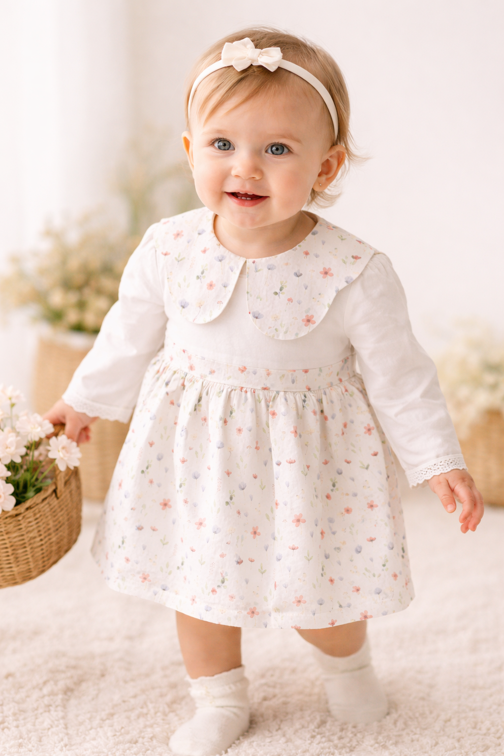 Rochița cu Guler Floral - Alb cu Flori Delicate 3-24 luni