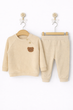 Set 2 piese fetite/baieti – bluză si pantaloni bej cu ursulet brodat