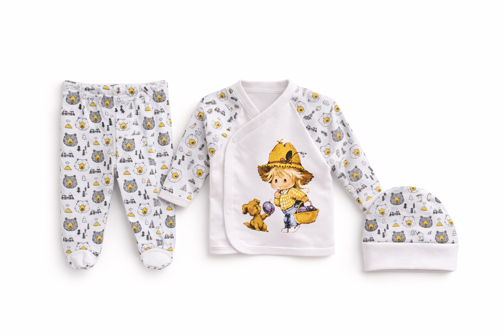 Set 3 Piese Nou Nascuti -Micutul Fermier - Bluzita, Pantaloni, Caciulita 62 cm