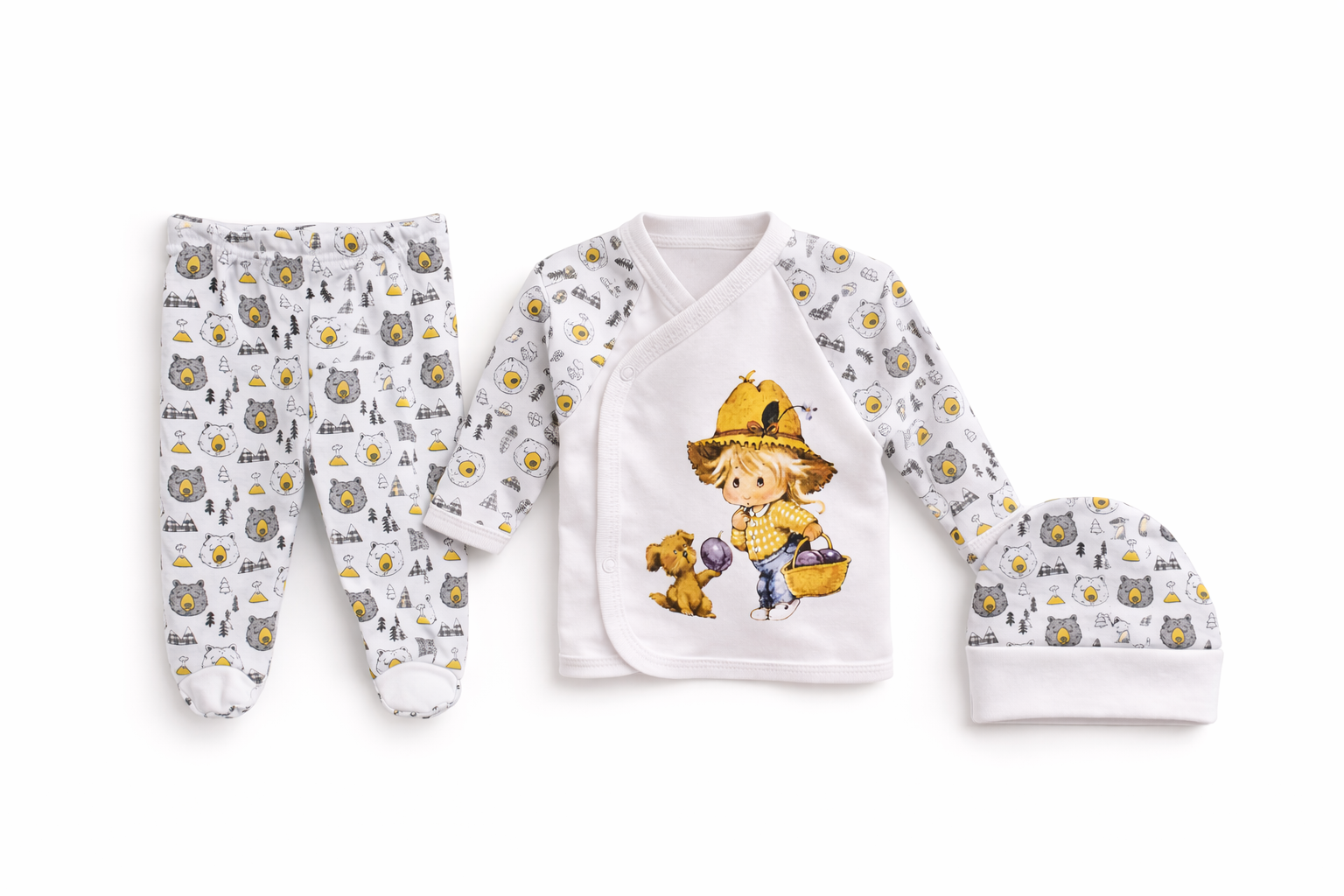 Set 3 Piese Nou Nascuti -Micutul Fermier - Bluzita, Pantaloni, Caciulita 62 cm