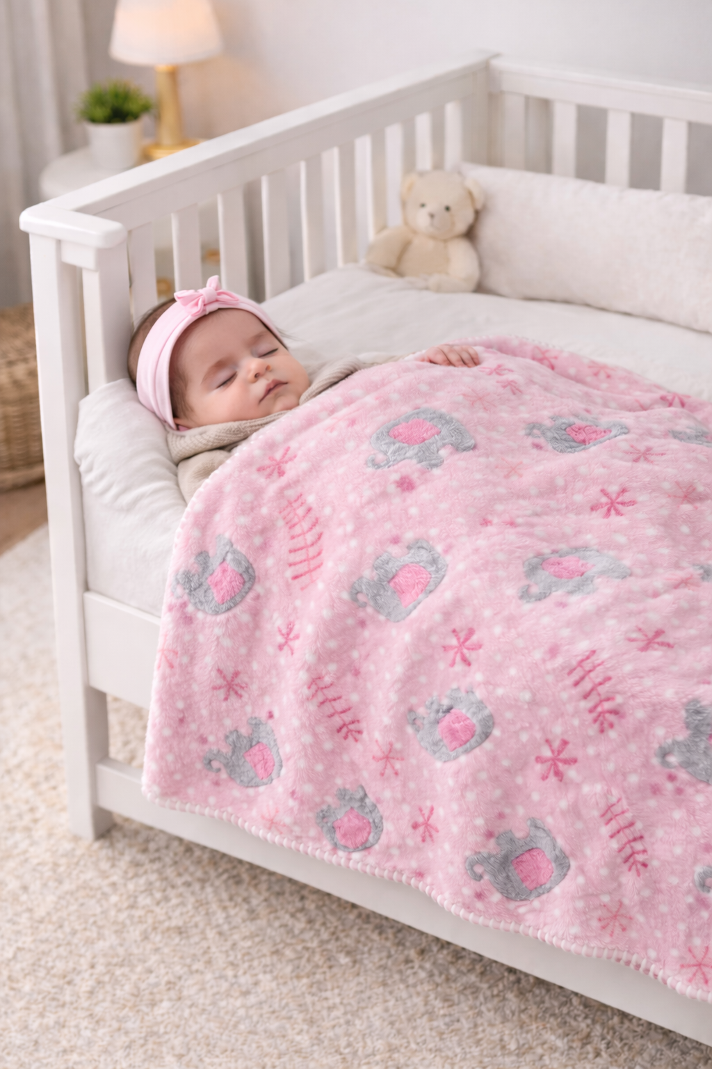 Pătură Pufoasă Cocolino pentru Bebeluși 80x110 cm - Roz cu Elefănței