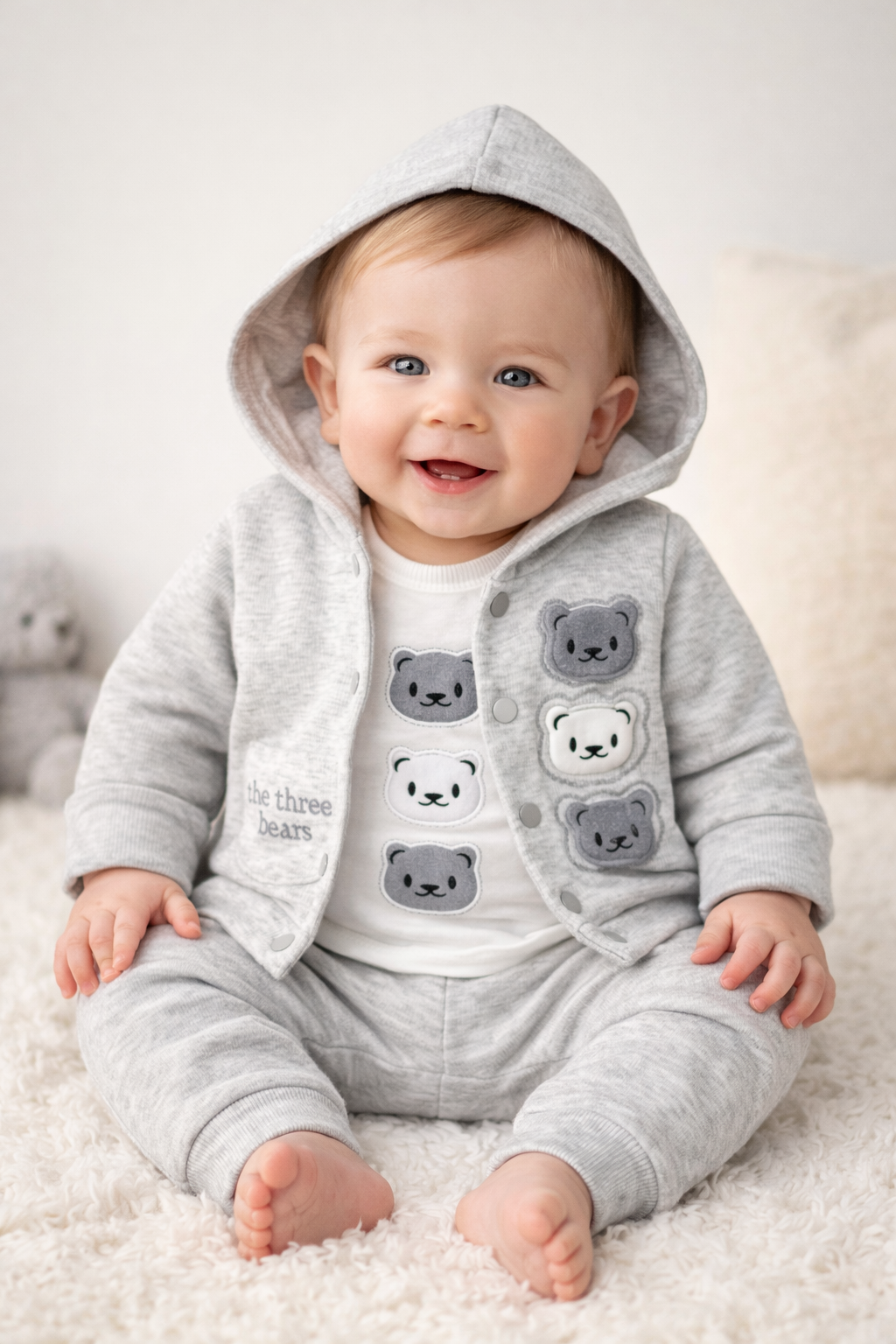 Set 3 piese pentru bebelusi – Hanorac cu glugă, body si pantaloni, model Three Bears, gri 0-12 luni