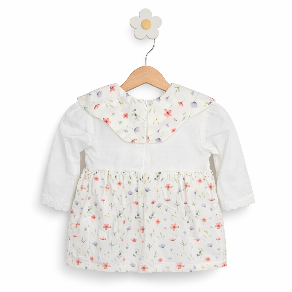 Rochița cu Guler Floral - Alb cu Flori Delicate 3-24 luni