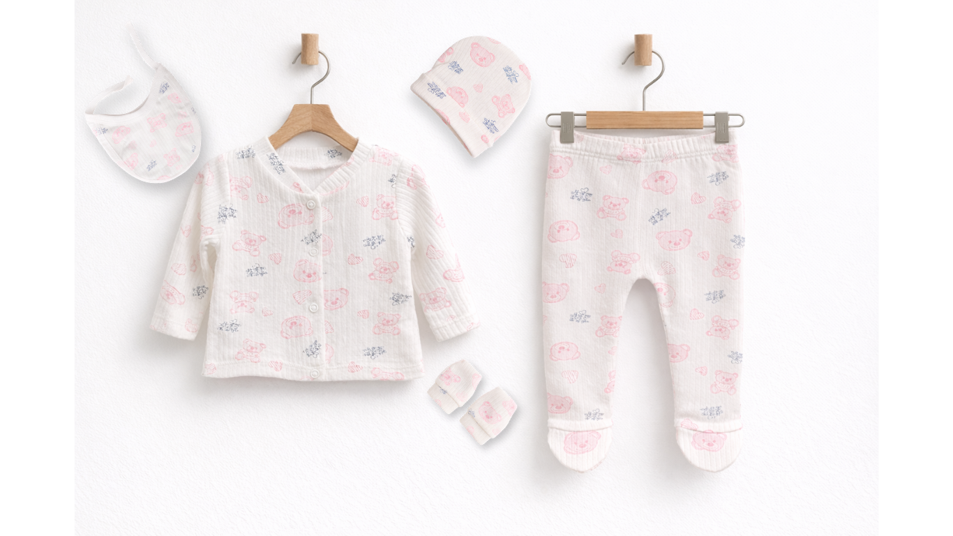 Set 5 Piese Nou Nascuti - Bluzita, Pantaloni, Manusi, Caciulita, Bavetica 50 cm - 62 cm