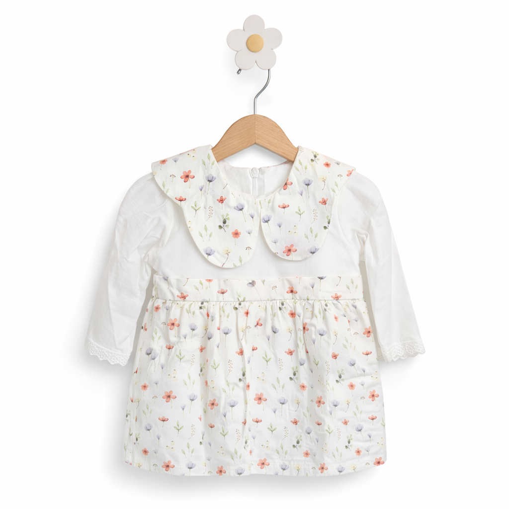 Rochița cu Guler Floral - Alb cu Flori Delicate 3-24 luni