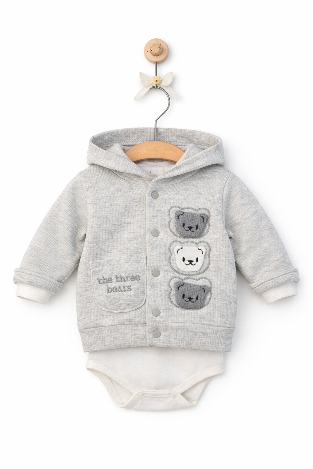 Set 3 piese pentru bebelusi – Hanorac cu glugă, body si pantaloni, model Three Bears, gri 0-12 luni