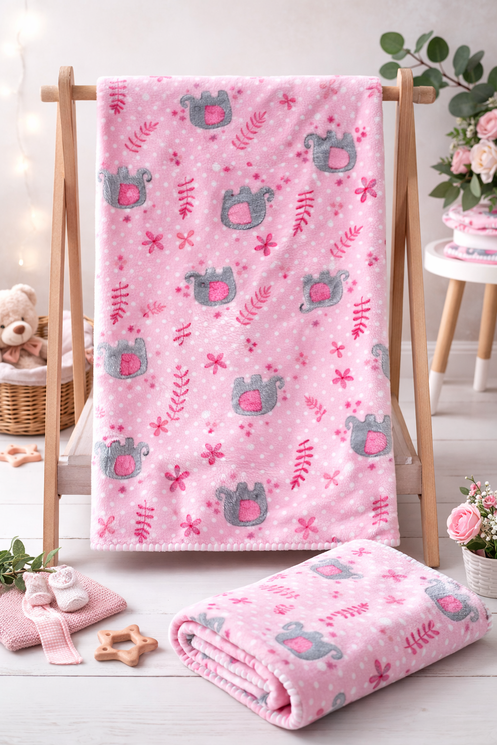 Pătură Pufoasă Cocolino pentru Bebeluși 80x110 cm - Roz cu Elefănței