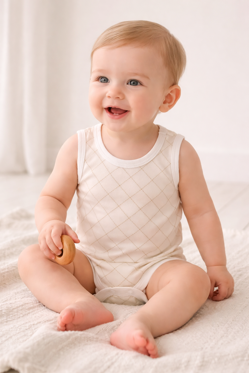 Body Fara Maneci cu Model în Romburi - Ivory-crem 68 cm