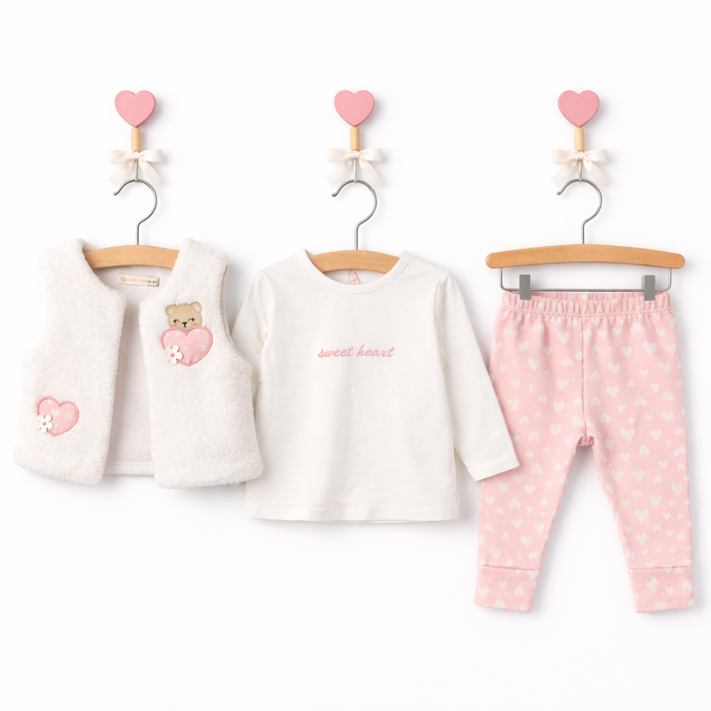 Set 3 piese fetite – pantaloni cu inimioare, bluză „Sweet Heart” si vestă pufoasă 3-9 luni