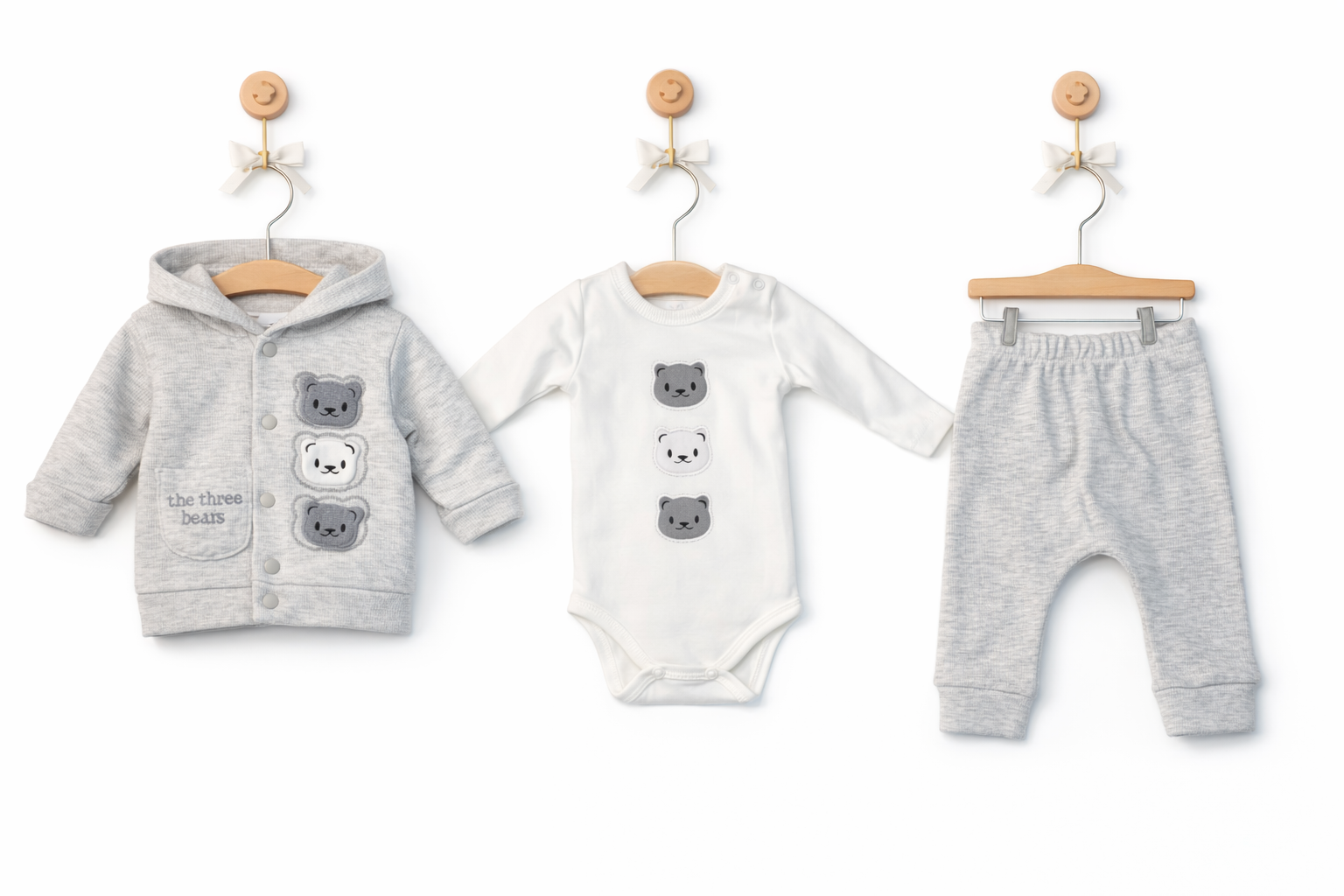 Set 3 piese pentru bebelusi – Hanorac cu glugă, body si pantaloni, model Three Bears, gri 0-12 luni
