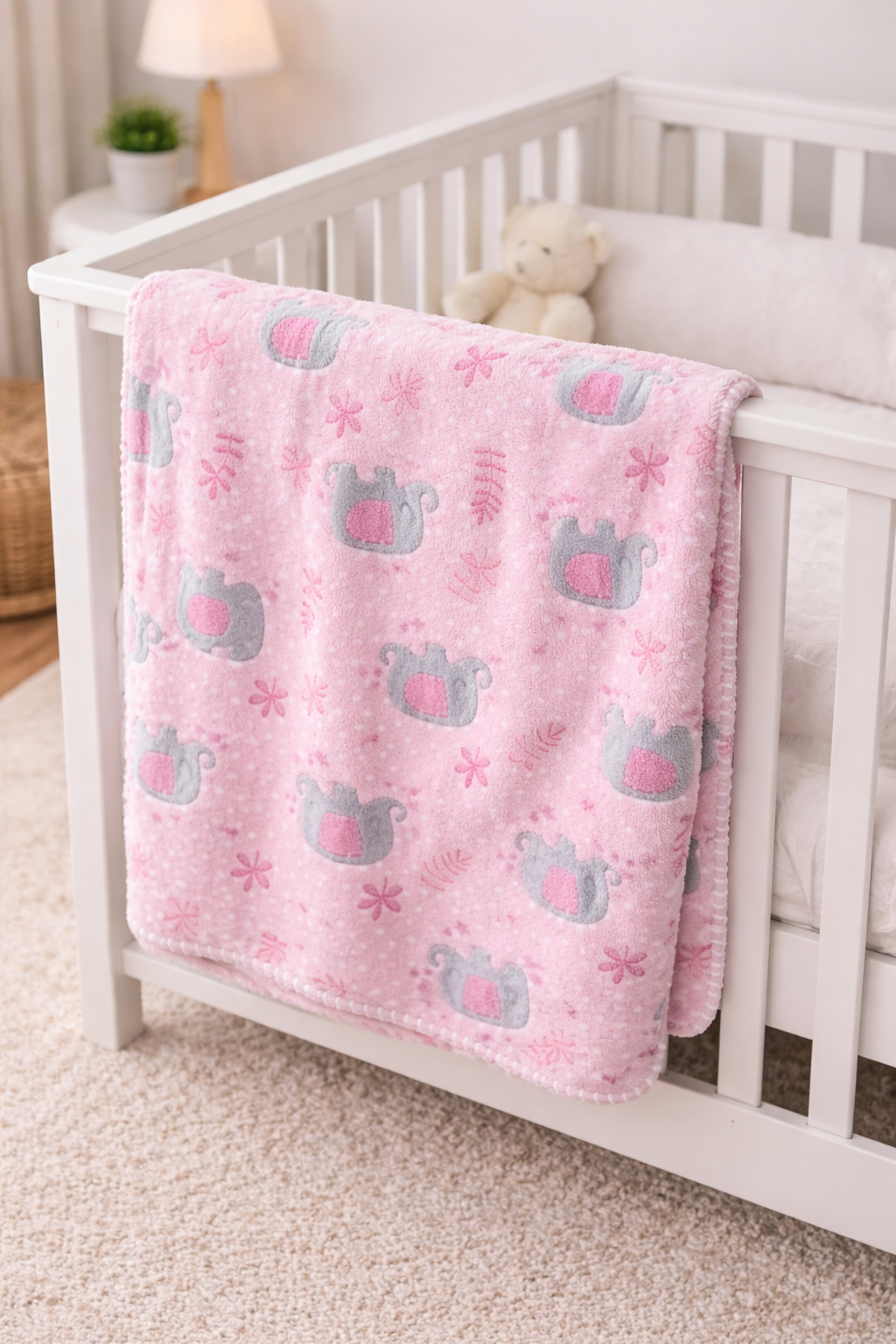 Pătură Pufoasă Cocolino pentru Bebeluși 80x110 cm - Roz cu Elefănței